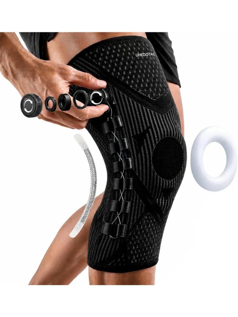 Adjustable Compression Knee Brace with Dial, Patella Gel Pad & Stabilizers